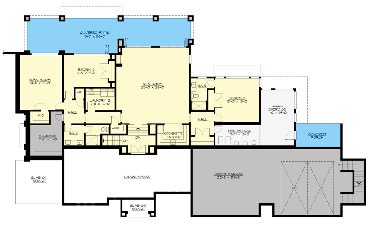 Plan 23959JD: 5-Bed Modern House Plan for the Rear Sloping Lot - 5480 Sq Ft - Floor Plan - Lower Level - Contemporary, Modern, Prairie