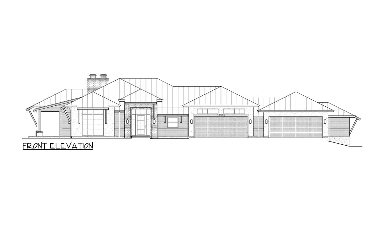 Front elevation drawing of a single-story house with a metal roof, brick accents, and a three-car garage.