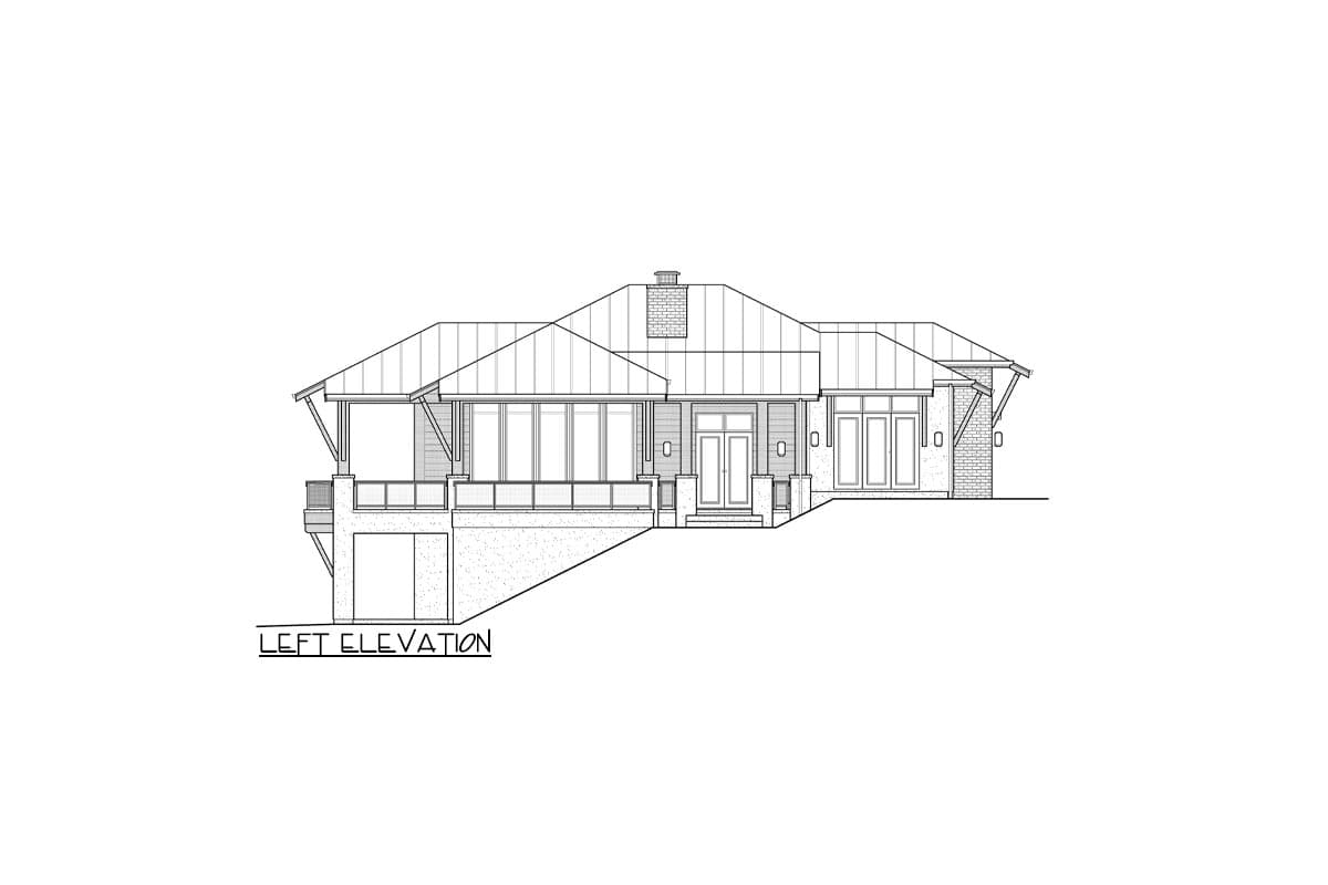 Left elevation house plan with a single story, metal roof, large windows, covered porch, and partial basement.