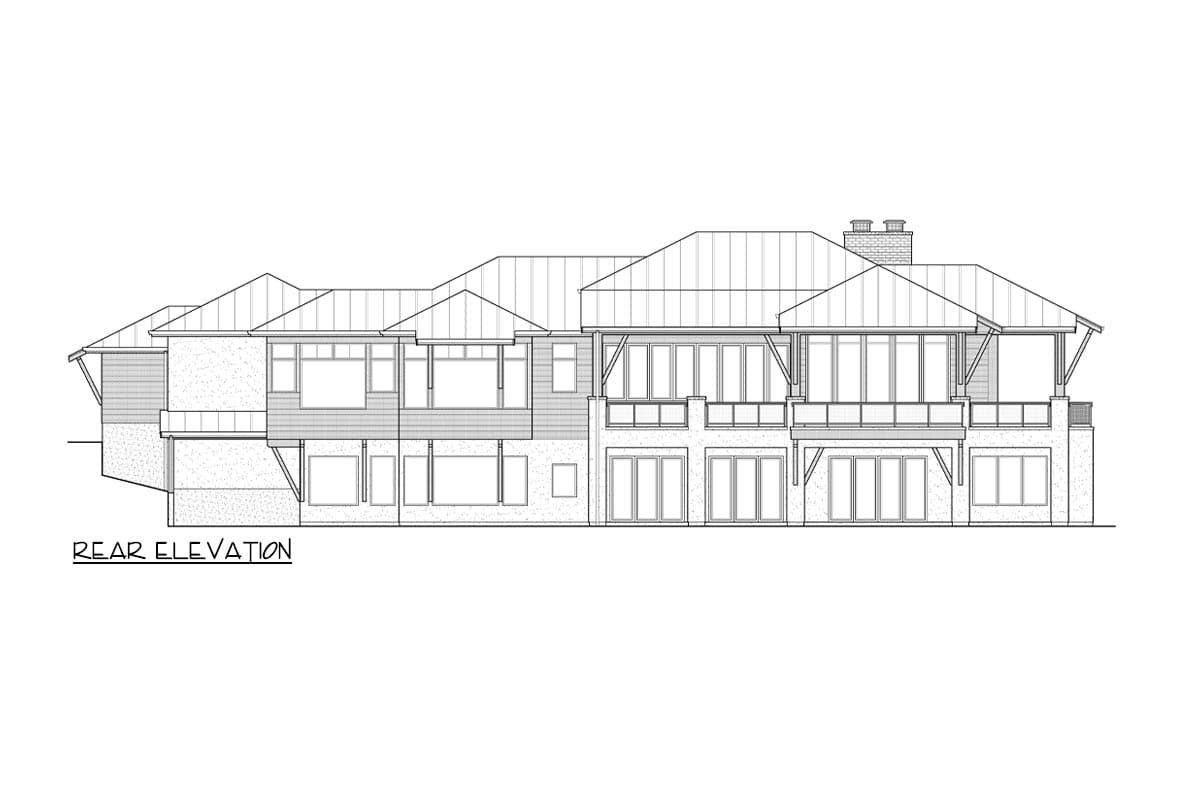 Rear elevation drawing of a multi-story house with multiple gables, balconies, and large windows.