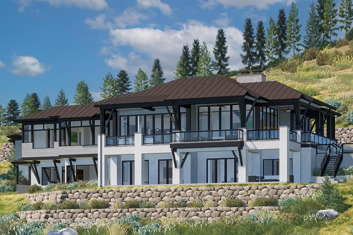 House plan exterior. Two-story, Modern style house with flat rooflines, open-air balcony, and exposed beams.