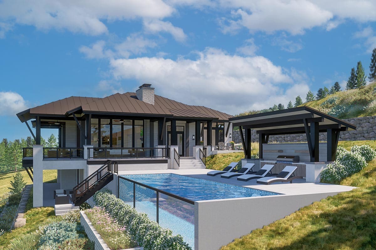 Modern house plan exterior with deep overhangs, expansive windows, a multi-level deck, pool, and outdoor kitchen.