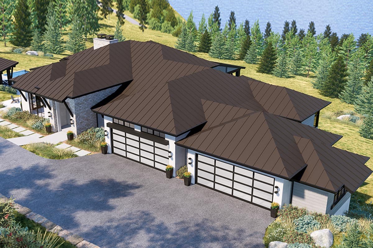 House plan exterior: Modern home with a multi-gable roof, white brick accents, and a four-car garage with glass doors.
