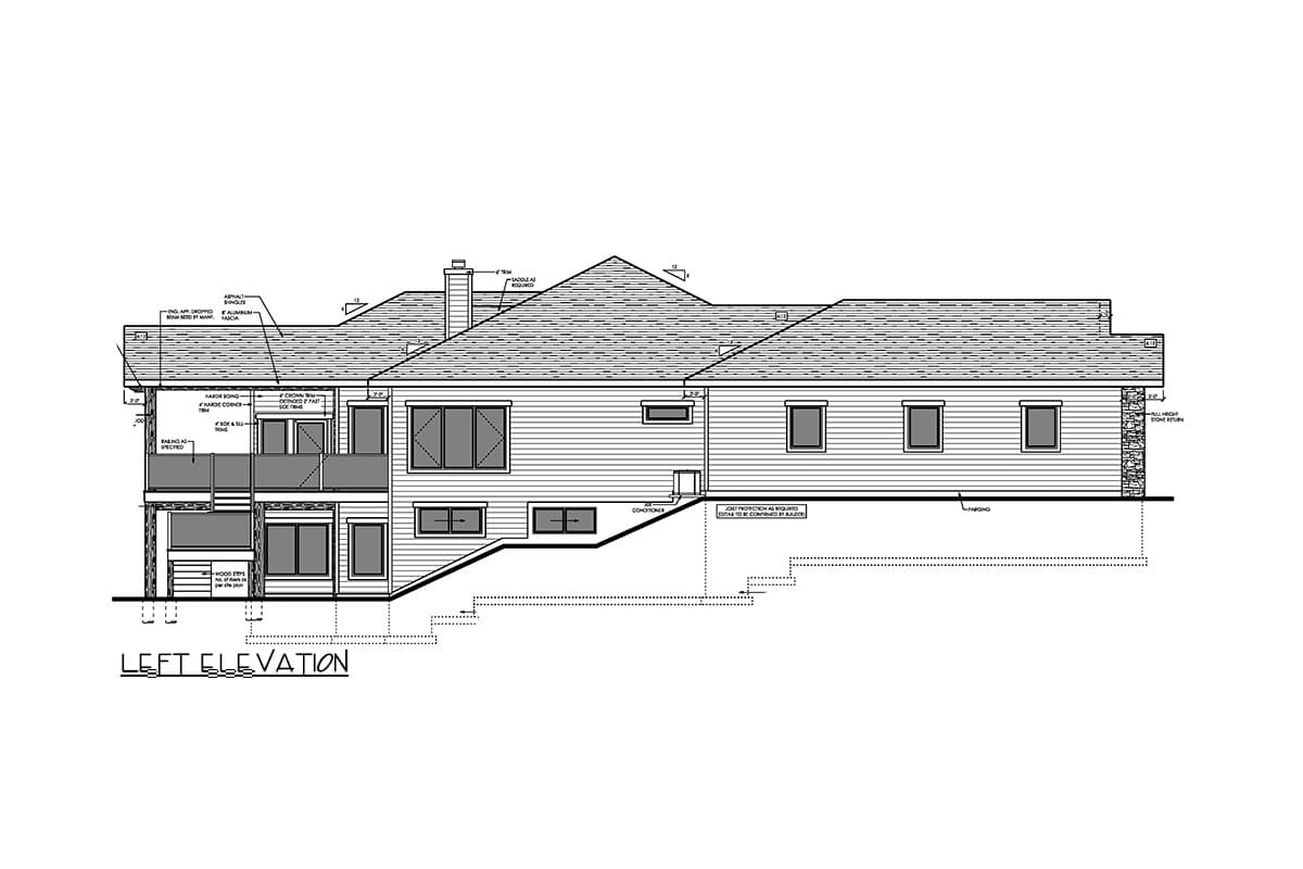 Left elevation house plan drawing shows a multi-level home with a deck, multiple windows, and stone veneer accents.