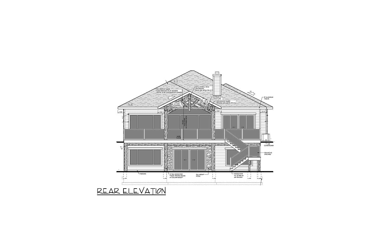 Rear elevation drawing of a two-story house plan with stone and siding, covered decks, and external stairs.