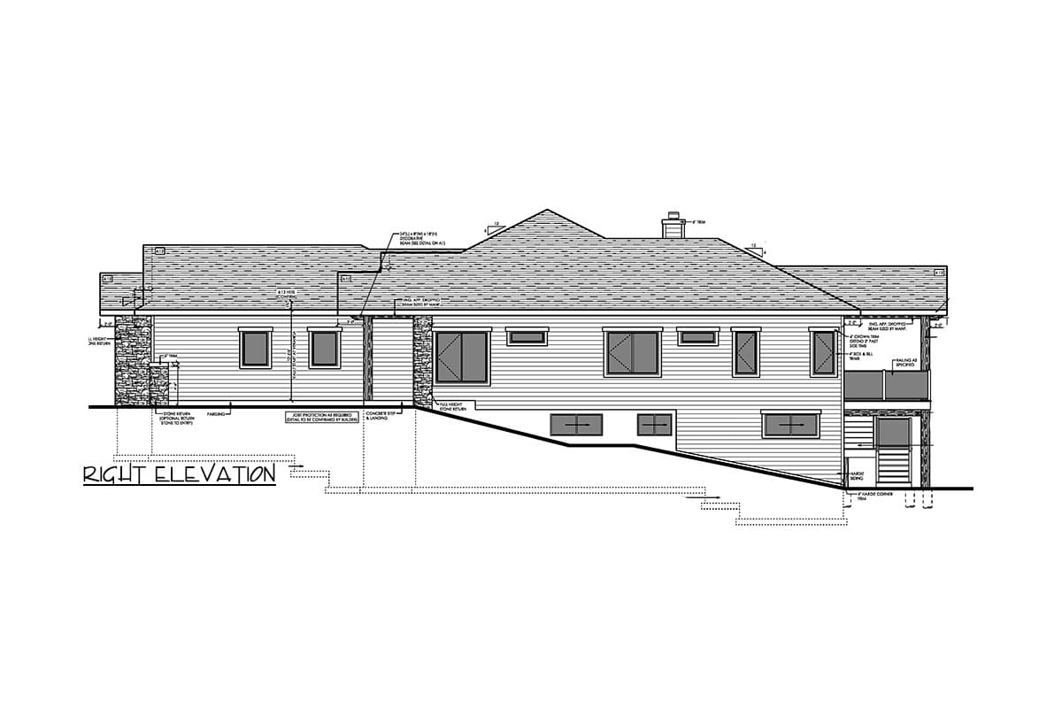Right elevation house plan drawing showing multi-level roof, horizontal siding, and stone accents.