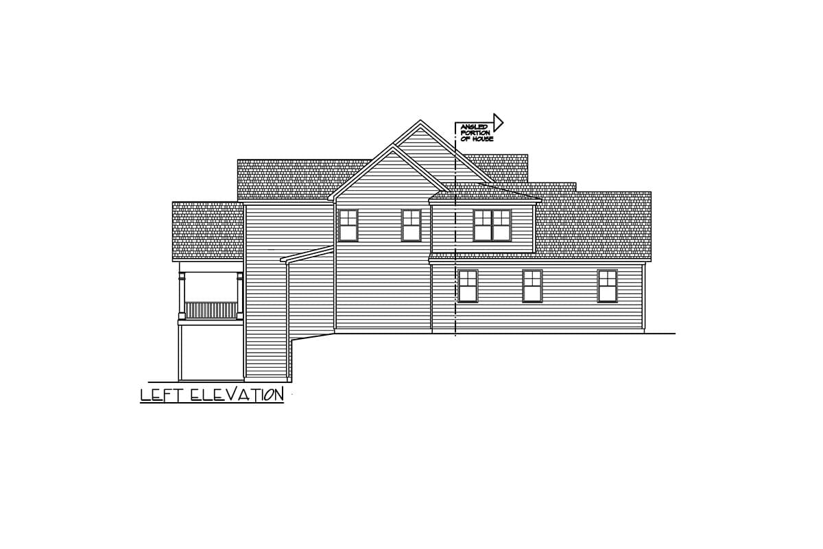 Left elevation house plan drawing showing multiple gables, dormers, and a covered porch.