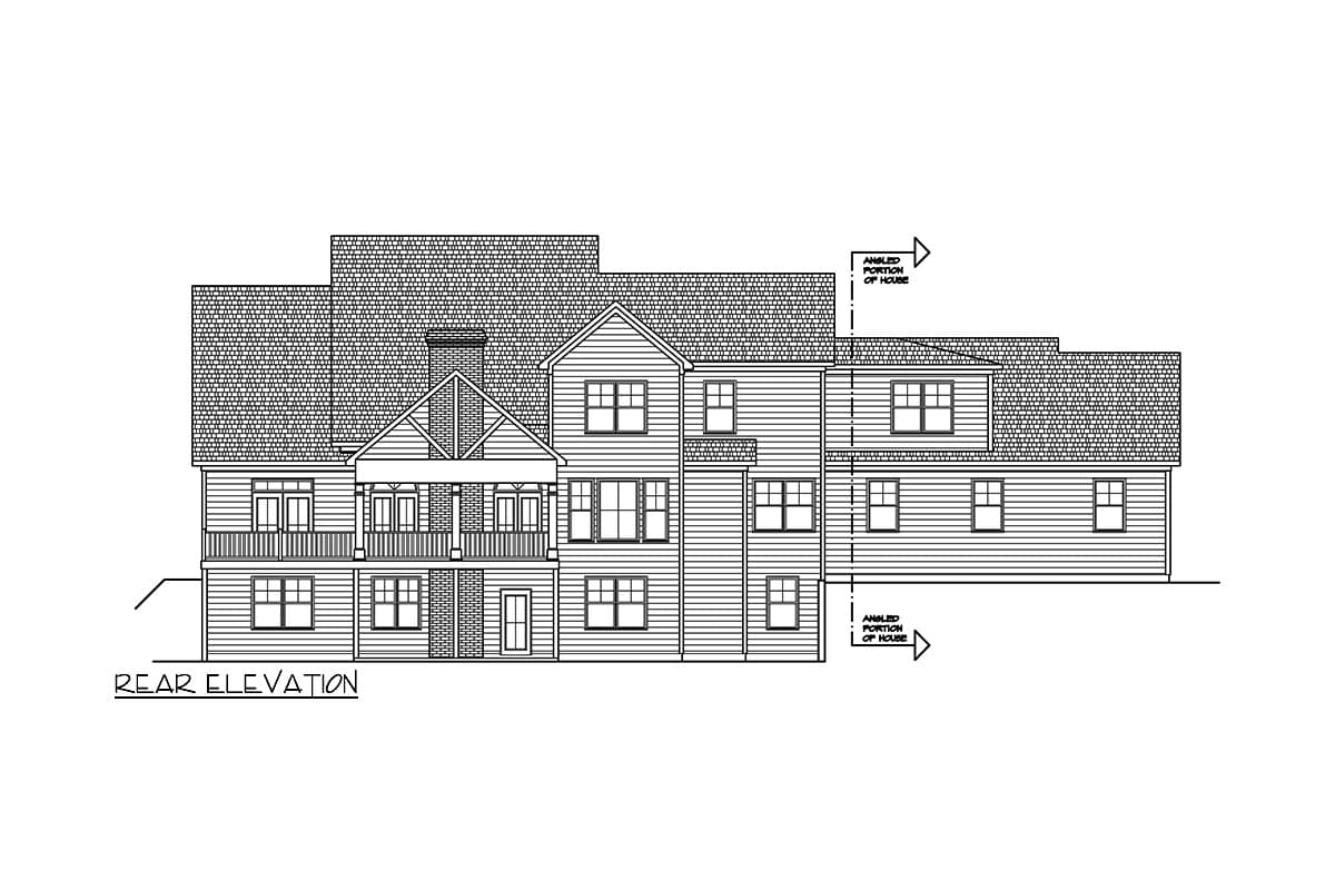 Rear elevation drawing of a multi-story house plan featuring a prominent gabled roof, central porch with columns, and numerous windows.