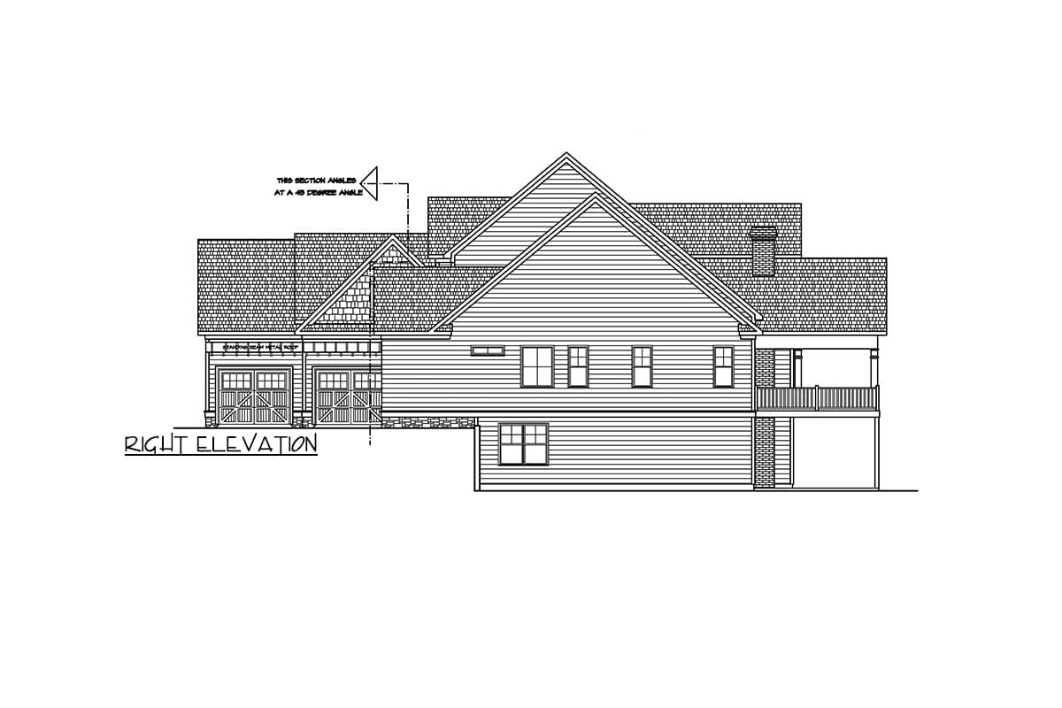 Right elevation architectural drawing showing a two-story house with a side-entry garage, multiple gables, and a porch.