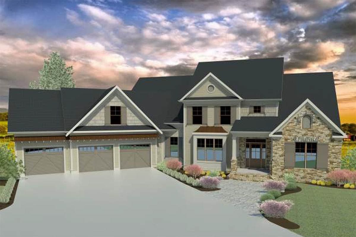 House plan exterior: Two-story home with stone accents, a three-car garage, and multiple gables.