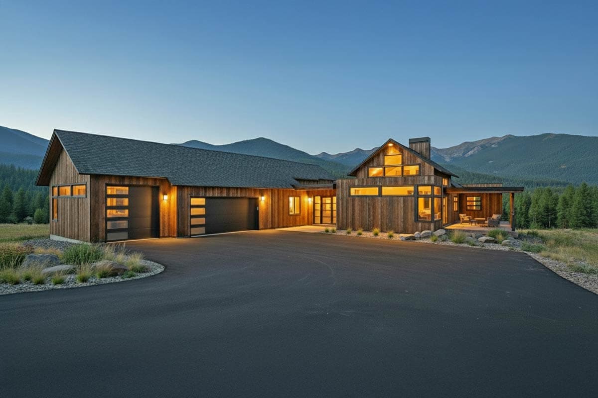 A modern wooden home with large windows and a covered porch. Mountains and a blue sky frame the luxurious residence at dusk.