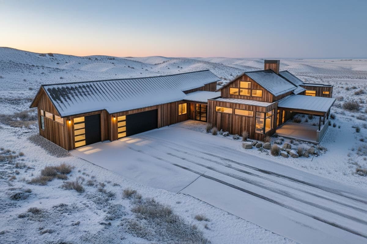 A modern, wood-clad home with a snow-covered roof and driveway sits nestled in a snowy landscape at dusk. Illuminated windows offer warm light.