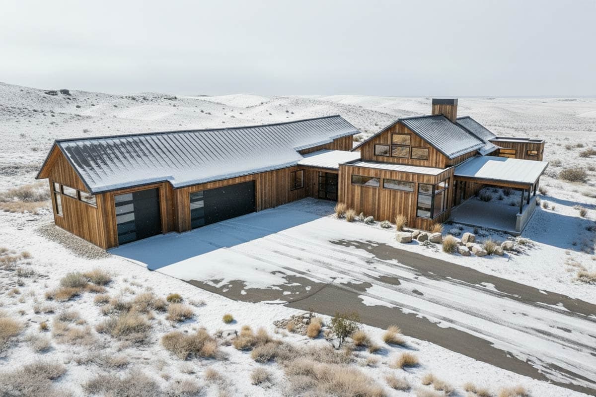 A modern, wood-sided house with a dark metal roof sits in a snowy landscape. The driveway and the roof are dusted with fresh snow.