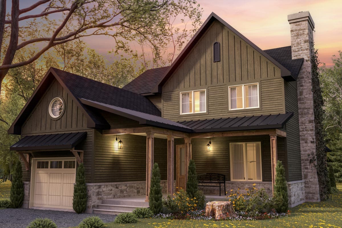 A two-story house with a black roof and olive green siding. Features a porch, a garage, and a large stone chimney. 