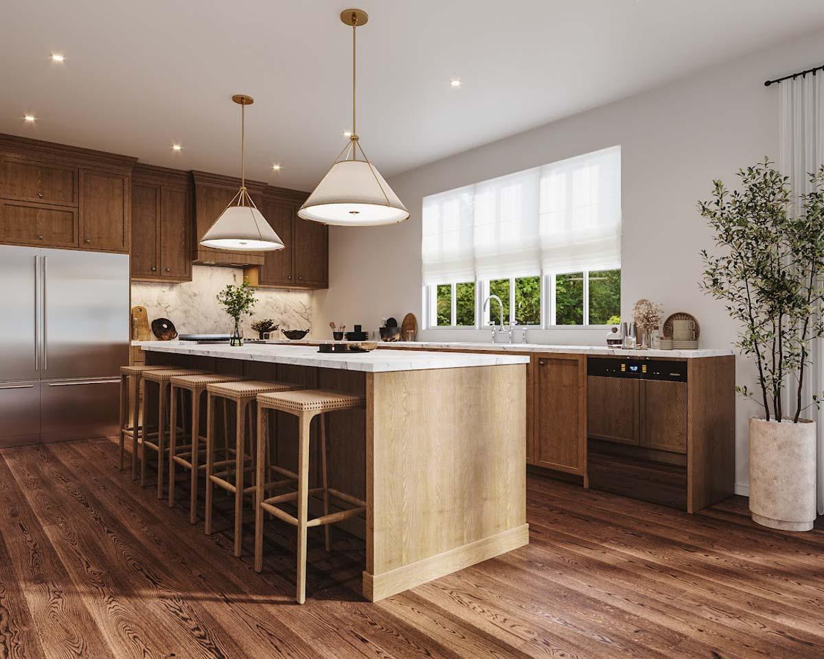 Modern kitchen with wooden cabinets, island with stools, marble countertop, and pendant lights.