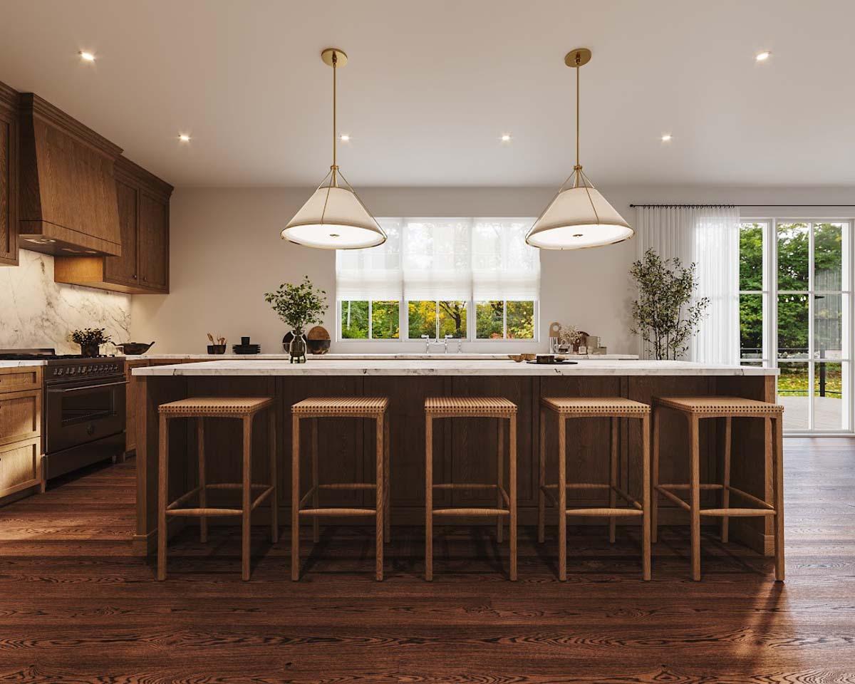 A luxurious kitchen with wooden cabinets, marble countertops, pendant lights, and bar stools. A window offers a view of nature.