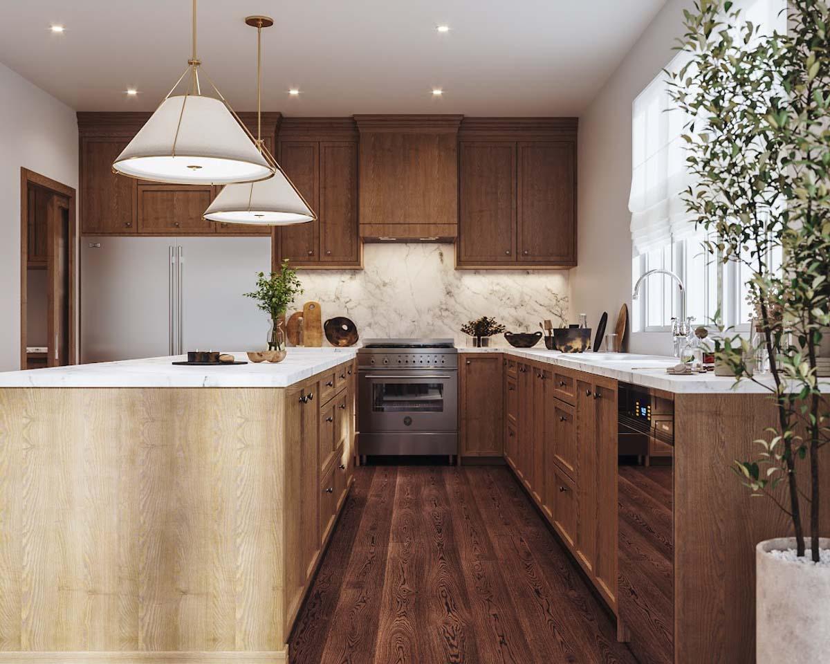 Modern kitchen with wood cabinets, marble countertops, stainless steel appliances, and a central island with pendant lights.