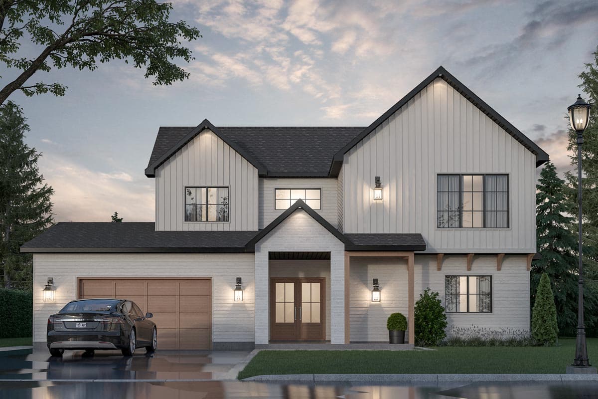 House plan exterior. Two-story Modern Farmhouse with gables, a covered porch, and a side-entry garage. Vertical siding and dark roof.