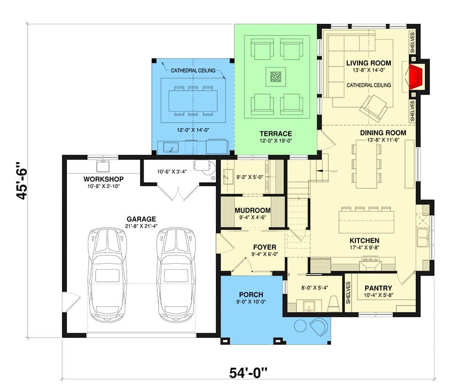 Plan 22683DR: Transitional Farmhouse House Plan with 3 Upstairs Bedrooms - 1900 Sq Ft - Floor Plan - Main Level - Farmhouse, Modern Farmhouse, New American, Transitional