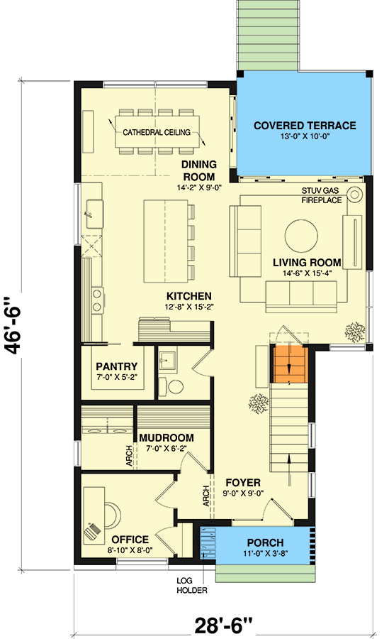 Plan 22684DR: 6-Bed Scandinavian Style House Plan with Finished Lower Level - 3018 Sq Ft - Floor Plan - Main Level - Farmhouse, Modern Farmhouse, Scandinavian, Transitional