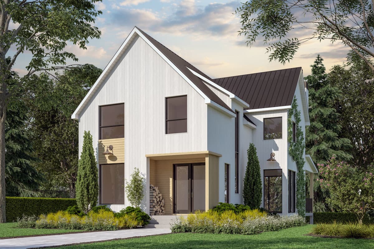 House plan exterior. Two-story modern farmhouse with gabled roof, rectangular windows, and covered front porch. Vertical siding and dark metal roof.