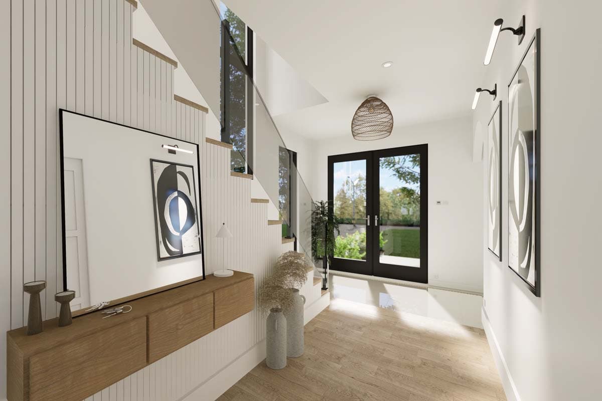 Interior rendering of a modern entryway with staircase, glass railings, wood console table, and double glass doors.