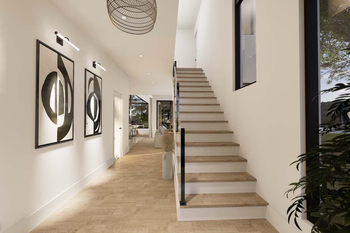 Interior rendering of a modern hallway with wood flooring, abstract art, and a floating staircase with black railings.