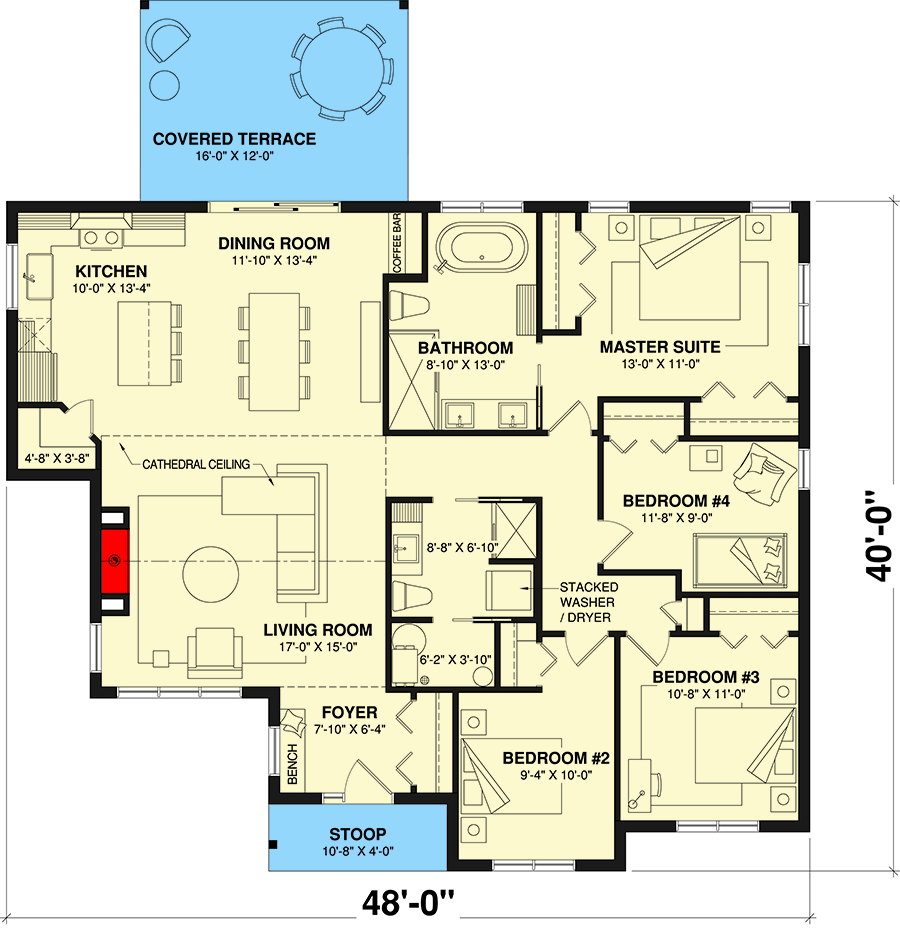 Plan 22685DR: One-Story Transitional House Plan with Four Bedrooms - 1625 Sq Ft - Floor Plan - Main Level - New American, Ranch, Transitional