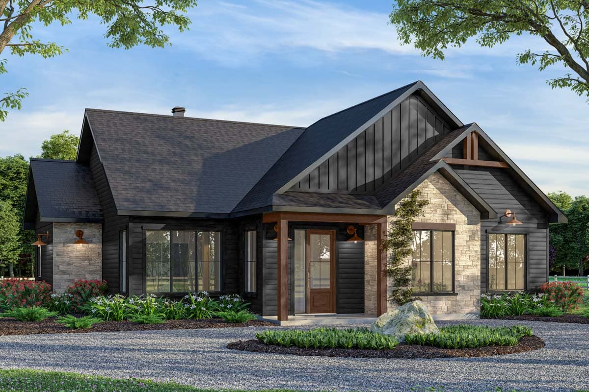 House plan exterior. Modern farmhouse style with a single story, board and batten siding, stone accents, and a covered porch.