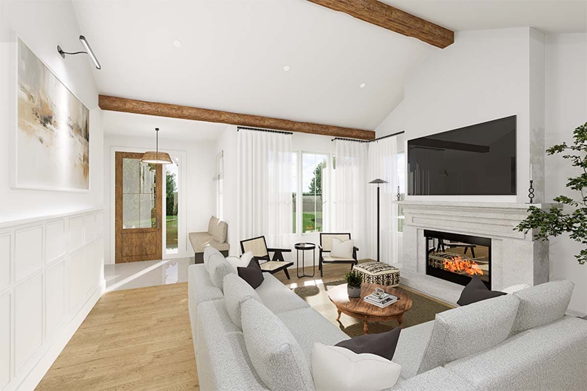 Great room interior rendering with vaulted ceiling, exposed beams, stone fireplace, and large windows.