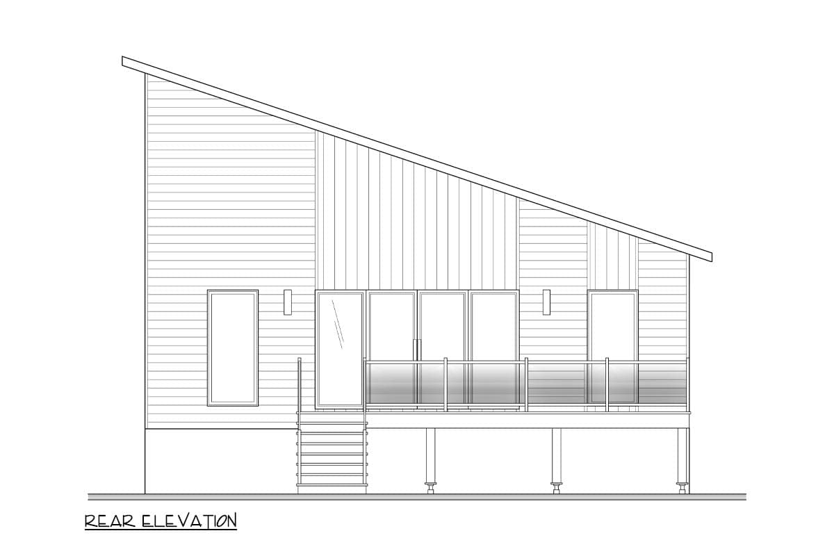 Rear elevation drawing of a house with a shed roof, horizontal siding, multiple windows, a deck, and stairs.