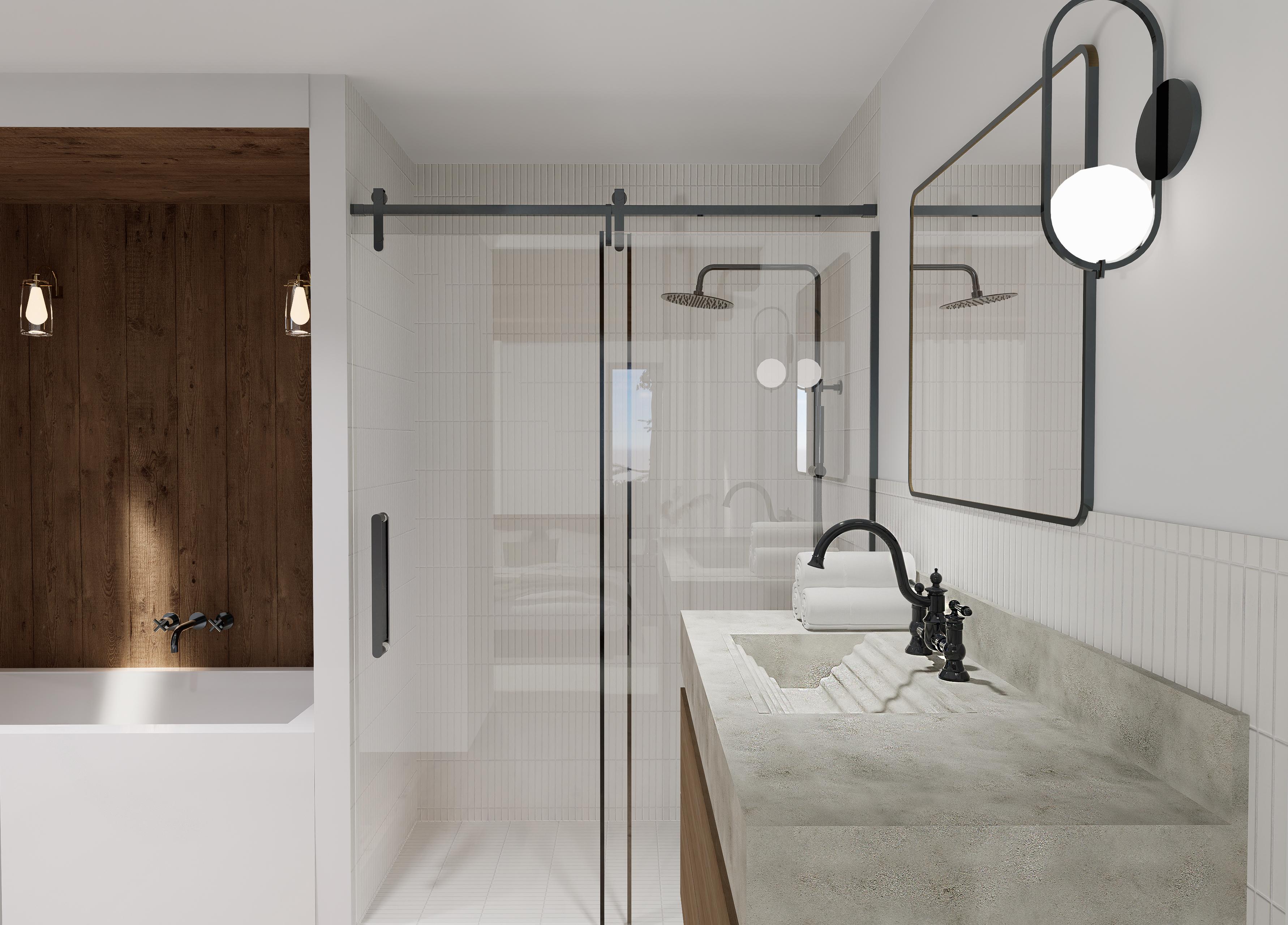 Interior rendering of a bathroom with a freestanding tub, glass-enclosed shower with dual showerheads, and concrete vanity with black faucet.