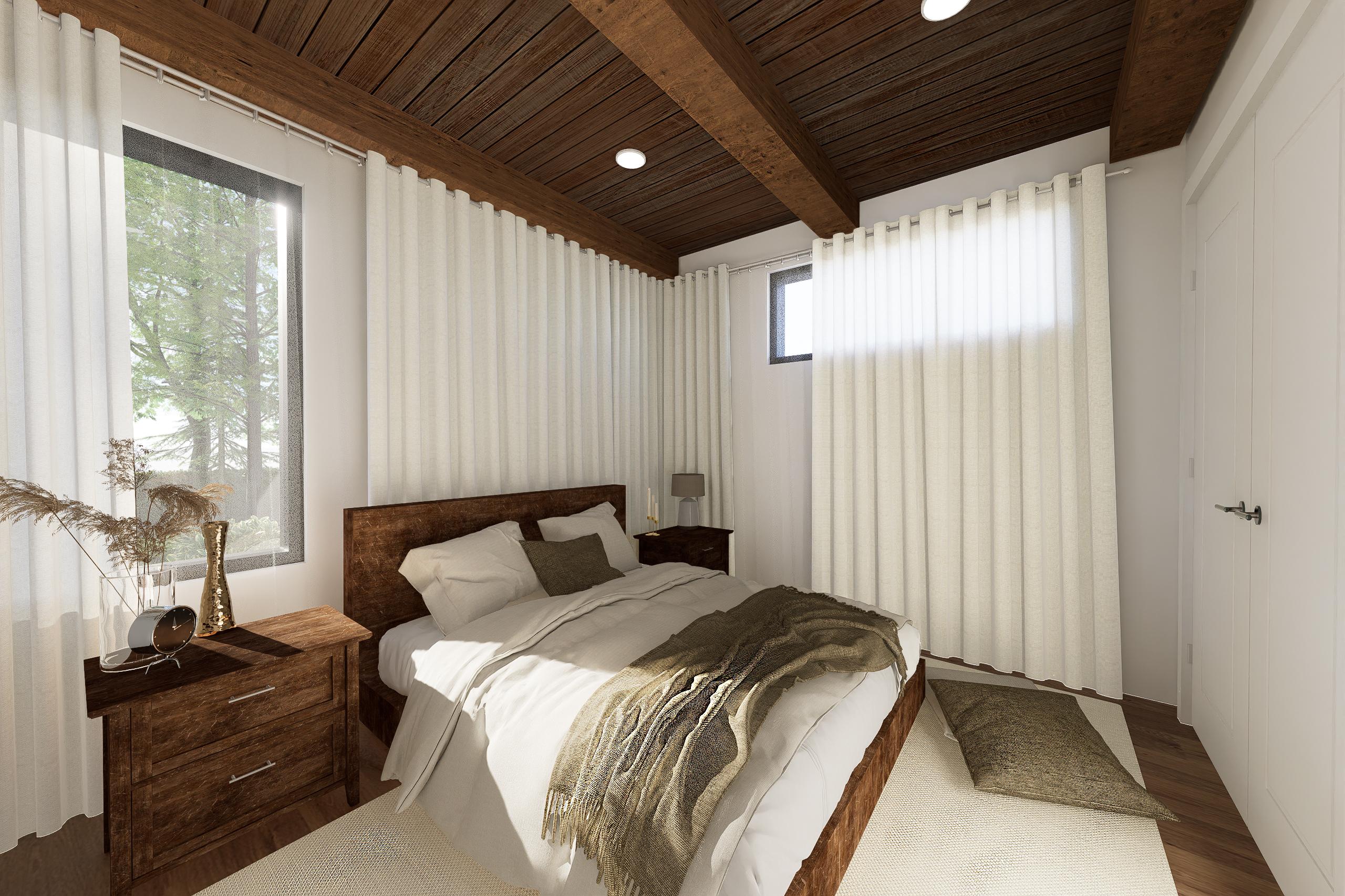 Bedroom interior with wood-beamed ceiling, large windows, light curtains, and a bed with wooden headboard.