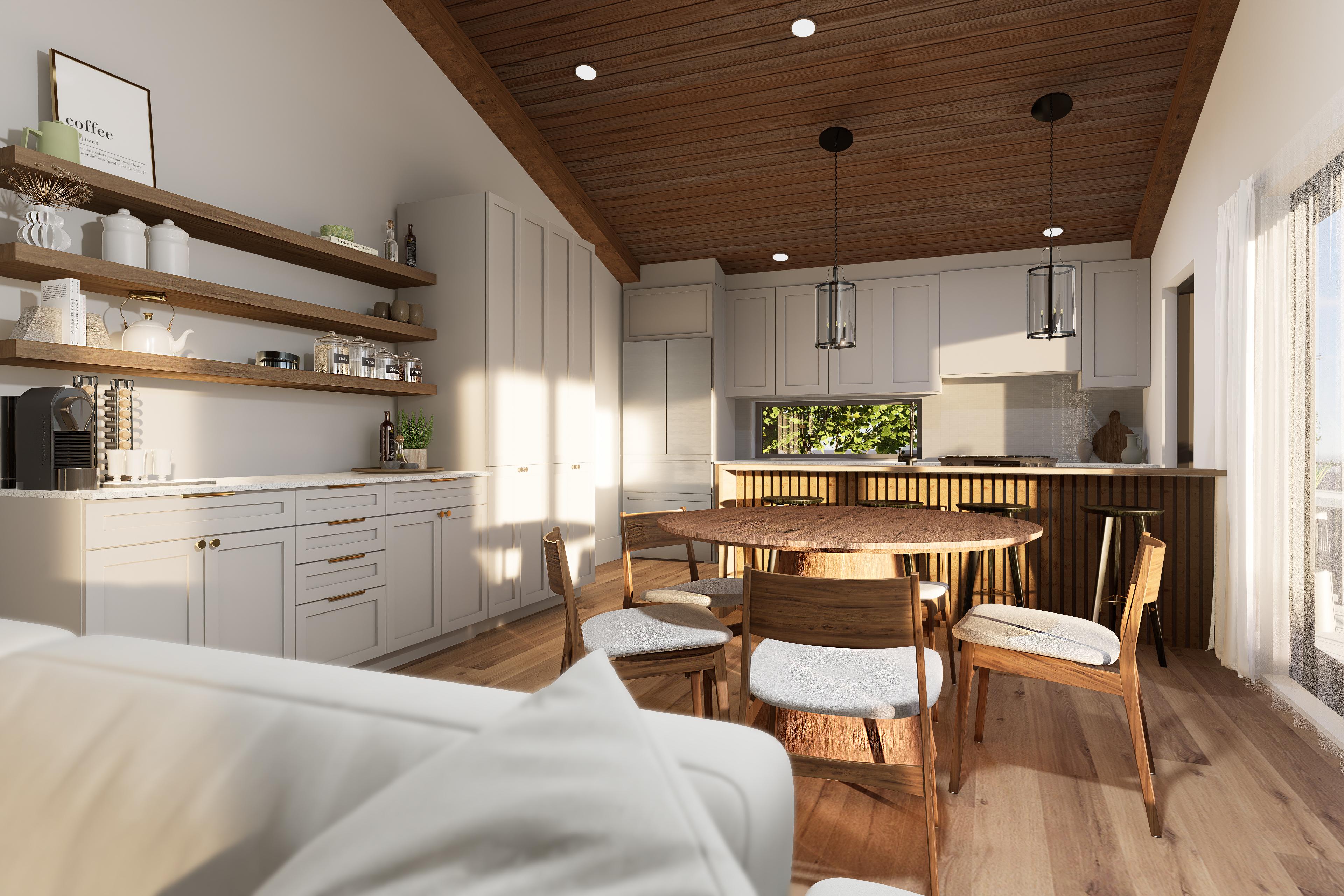 Interior rendering of a kitchen and dining area with vaulted wood ceiling, white cabinetry, round wood table, and natural light.