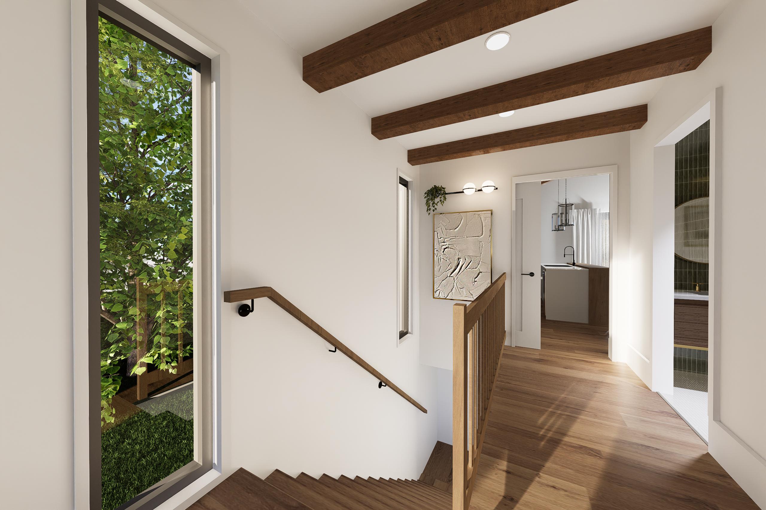 Interior rendering: Staircase with wood treads and railing, exposed wood beams on ceiling, and view into kitchen and bathroom.