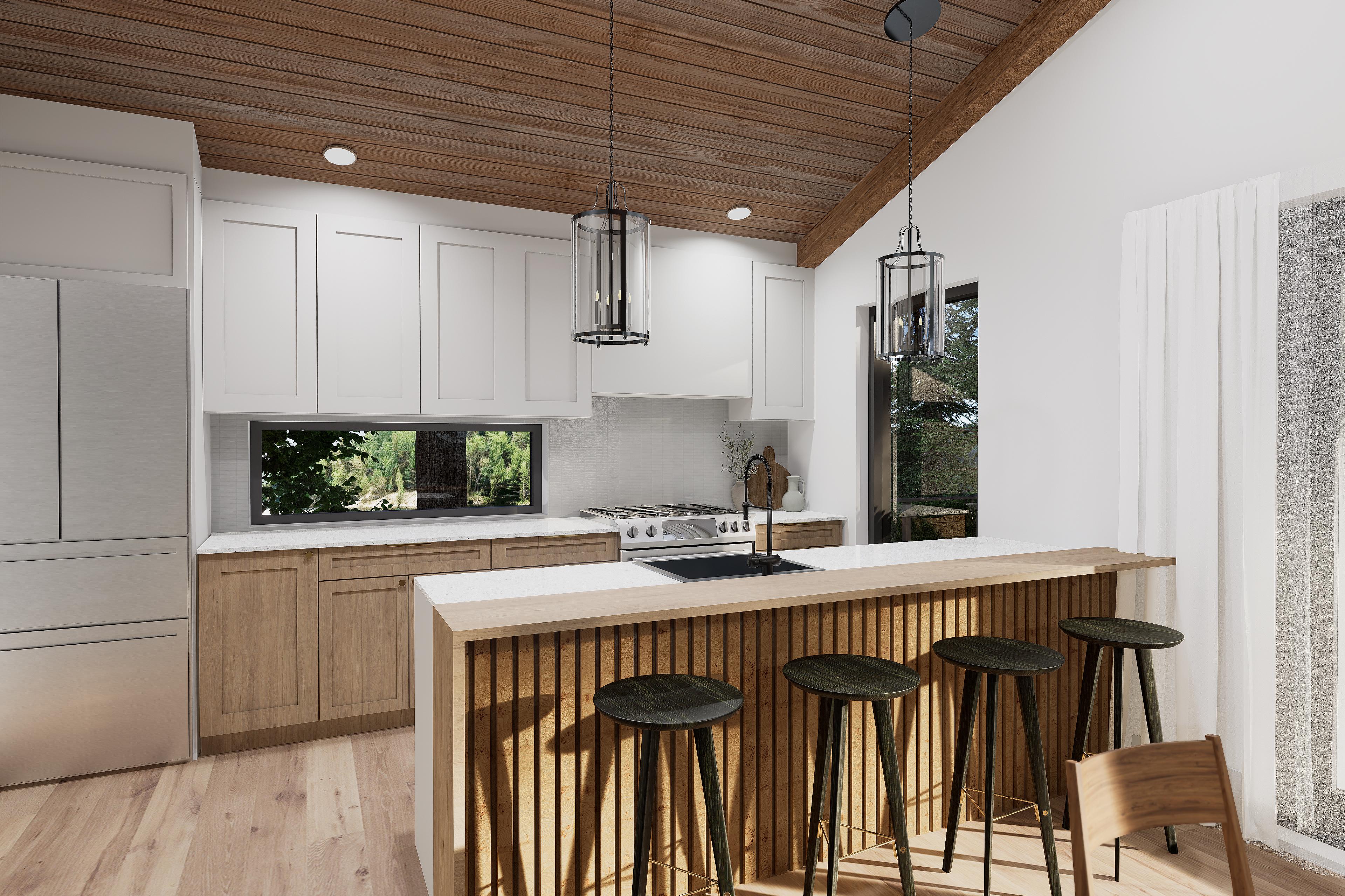 Kitchen with wood paneled island, white cabinets, gas range, and slatted wood ceiling.