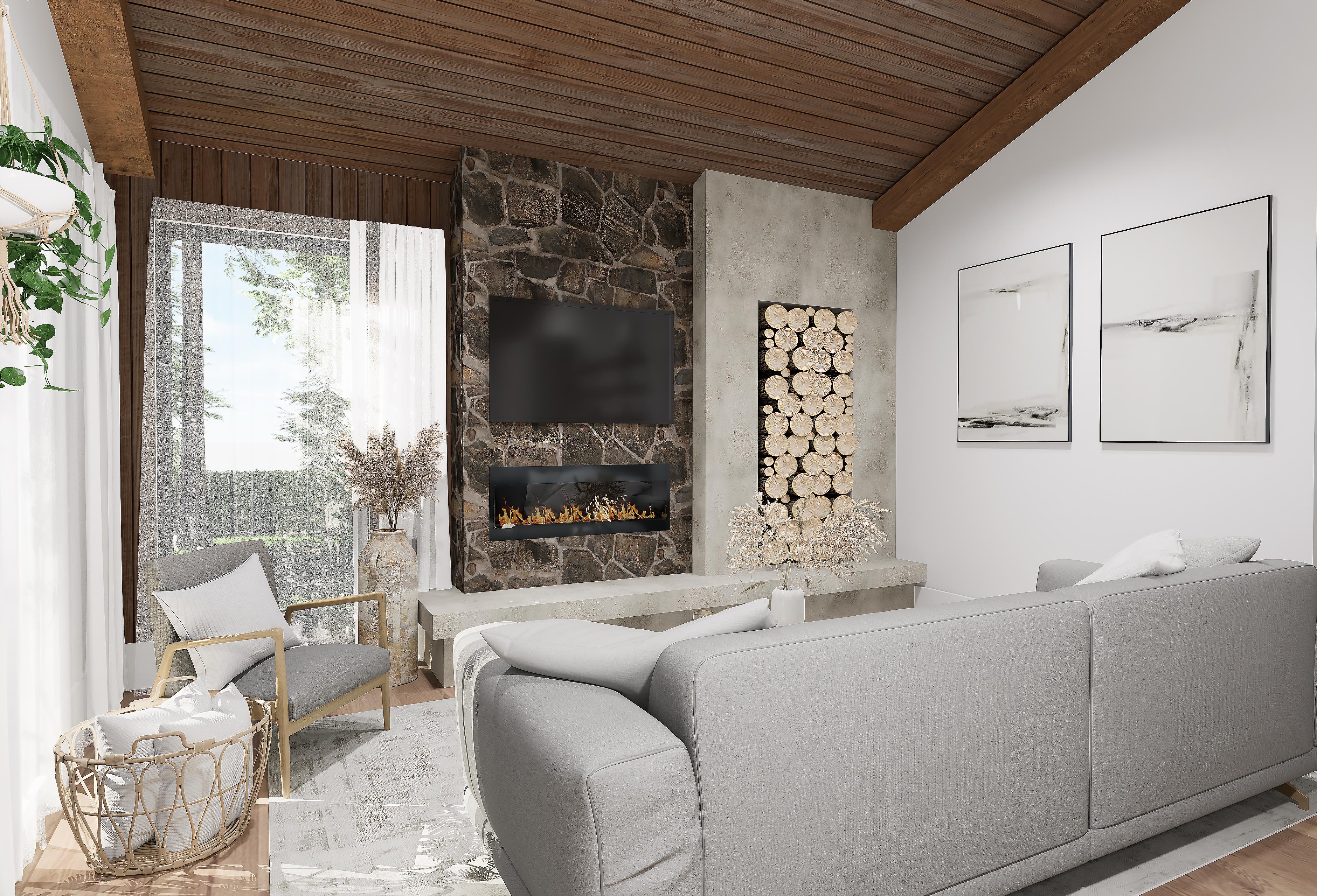 Great room with stone fireplace, media console, and vaulted wood ceiling.