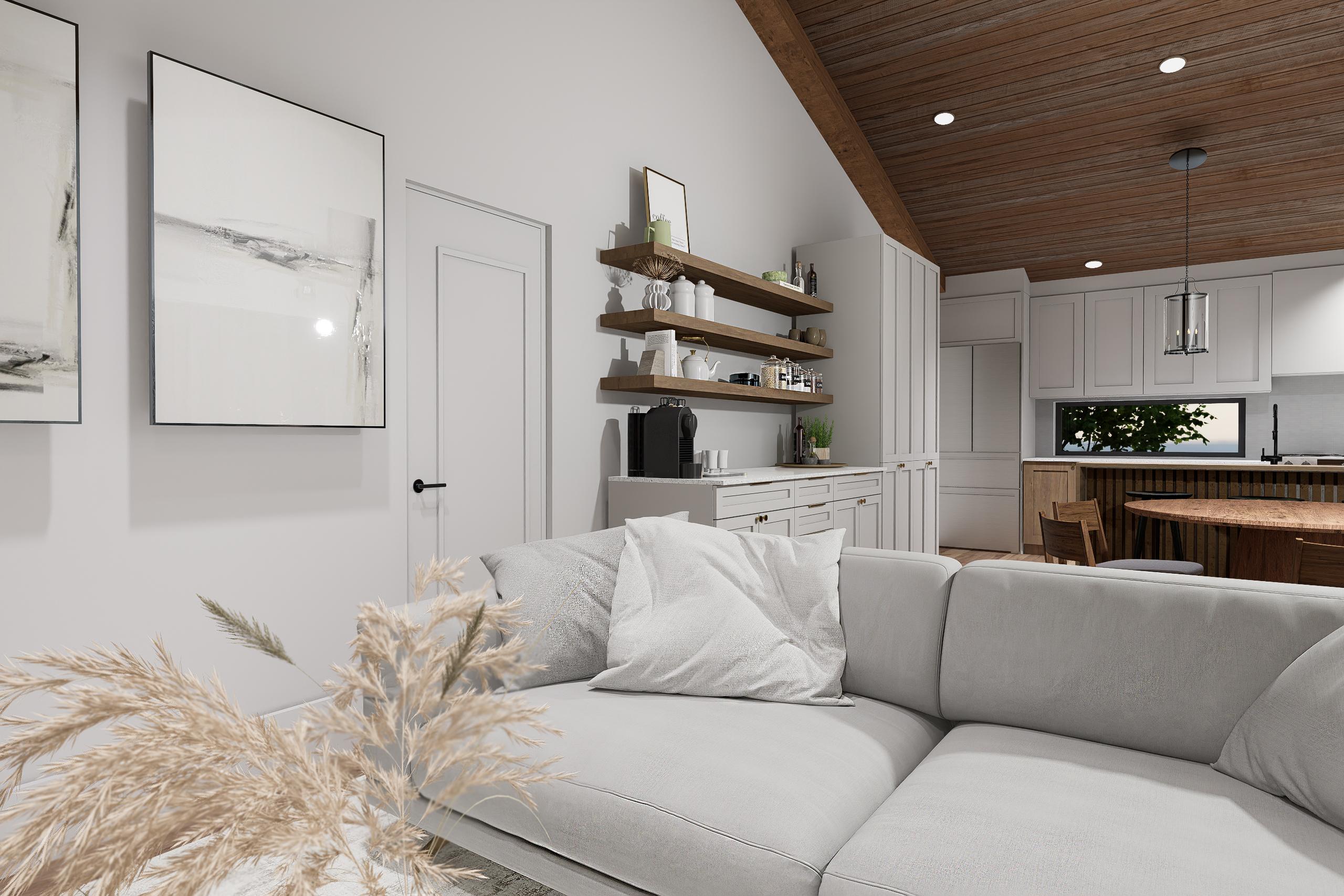 Interior rendering of a living space with a sectional sofa, built-in cabinets, wooden ceiling beams, and kitchen elements.