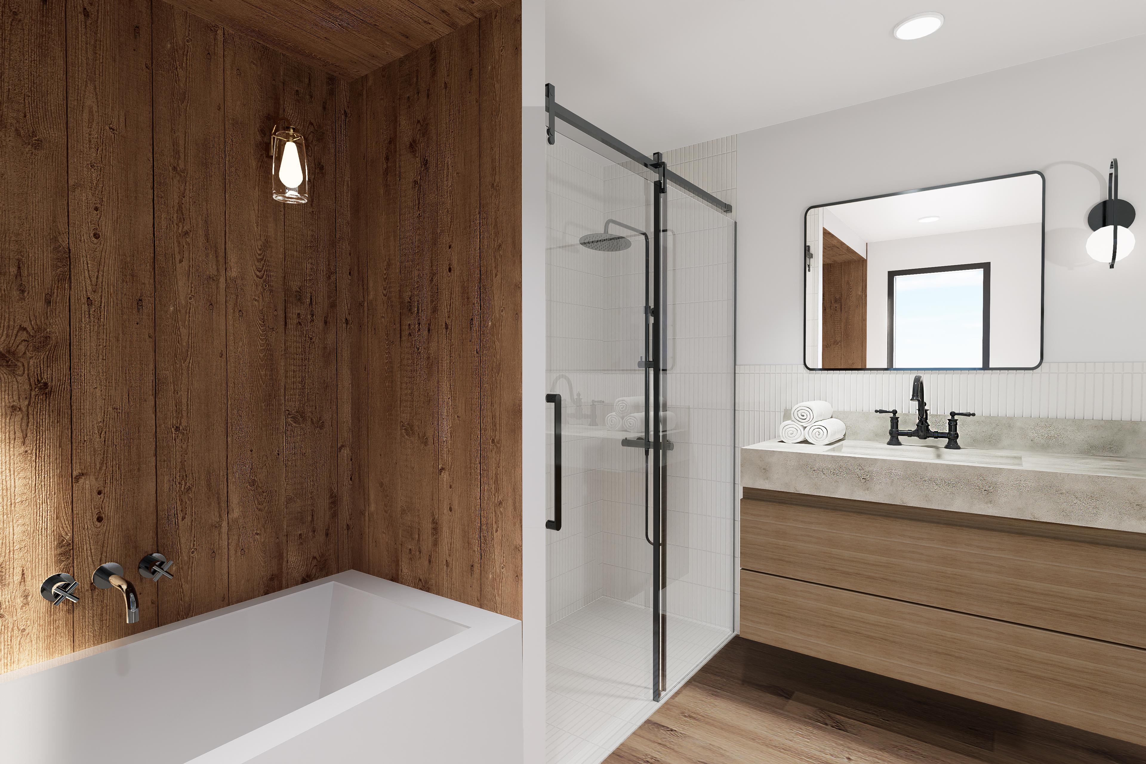 Modern bathroom with wood-paneled walls, freestanding tub, glass-enclosed shower, and floating vanity.