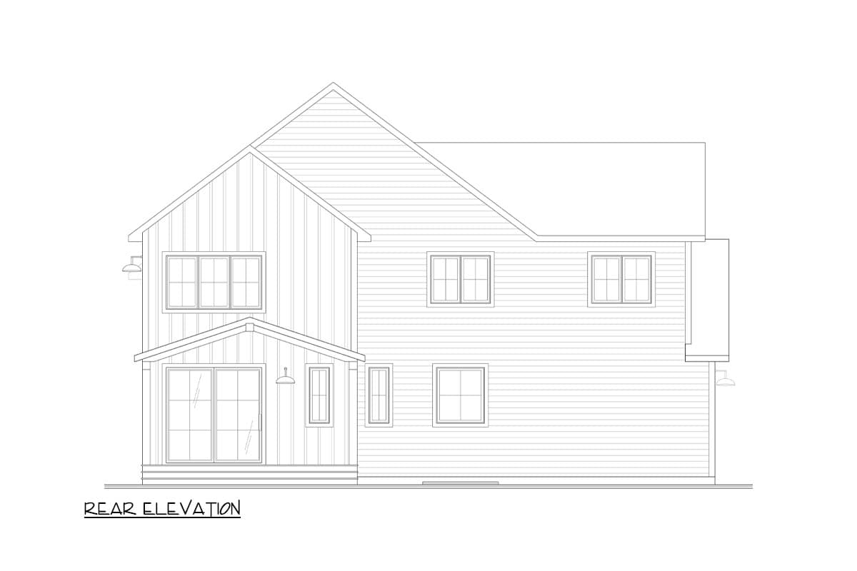 Rear elevation of a two-story house. The design features a gabled roof and a mix of vertical and horizontal siding, with multiple windows.