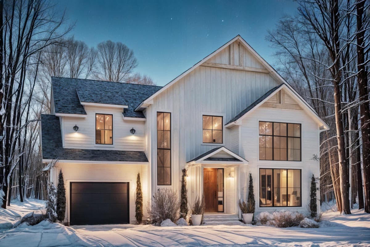 A two-story white farmhouse stands in winter, framed by bare trees under a starry twilight sky. Snow covers the ground, enhancing the serene scene.