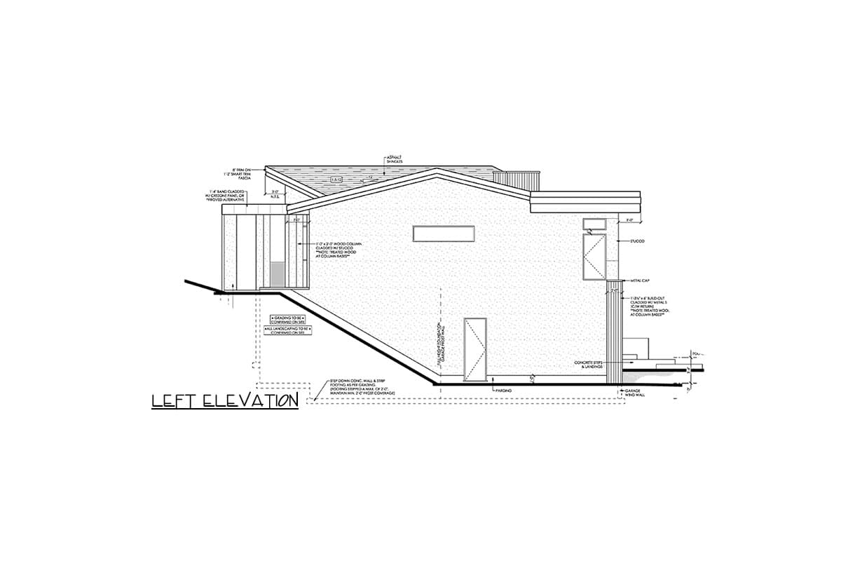 Left elevation drawing of a house plan showing a complex roofline, stucco exterior, and wood columns.
