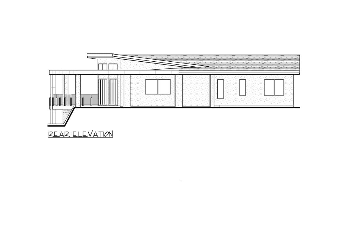 Rear elevation drawing of a single-story house with a sloped roof, covered porch, and large windows.