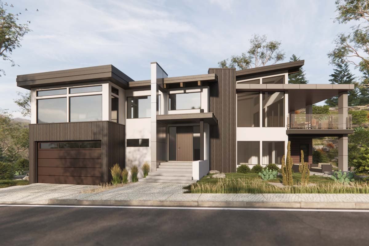 House plan exterior. Modern style with a flat roof, cantilevered balcony with glass railing, and attached garage. Featuring mixed materials siding.
