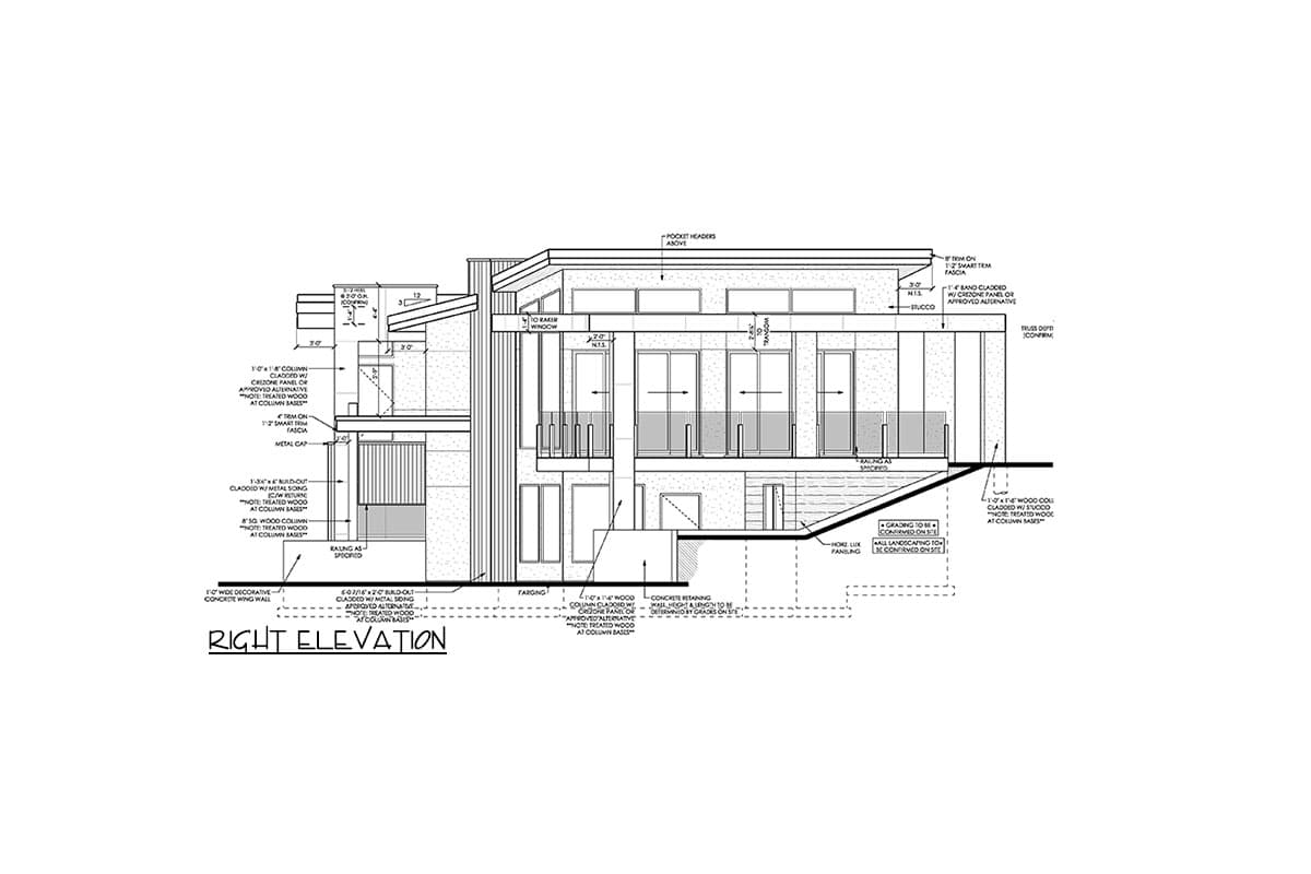 Right elevation drawing of a multi-story house with stucco and wood siding, large windows, and angled rooflines.