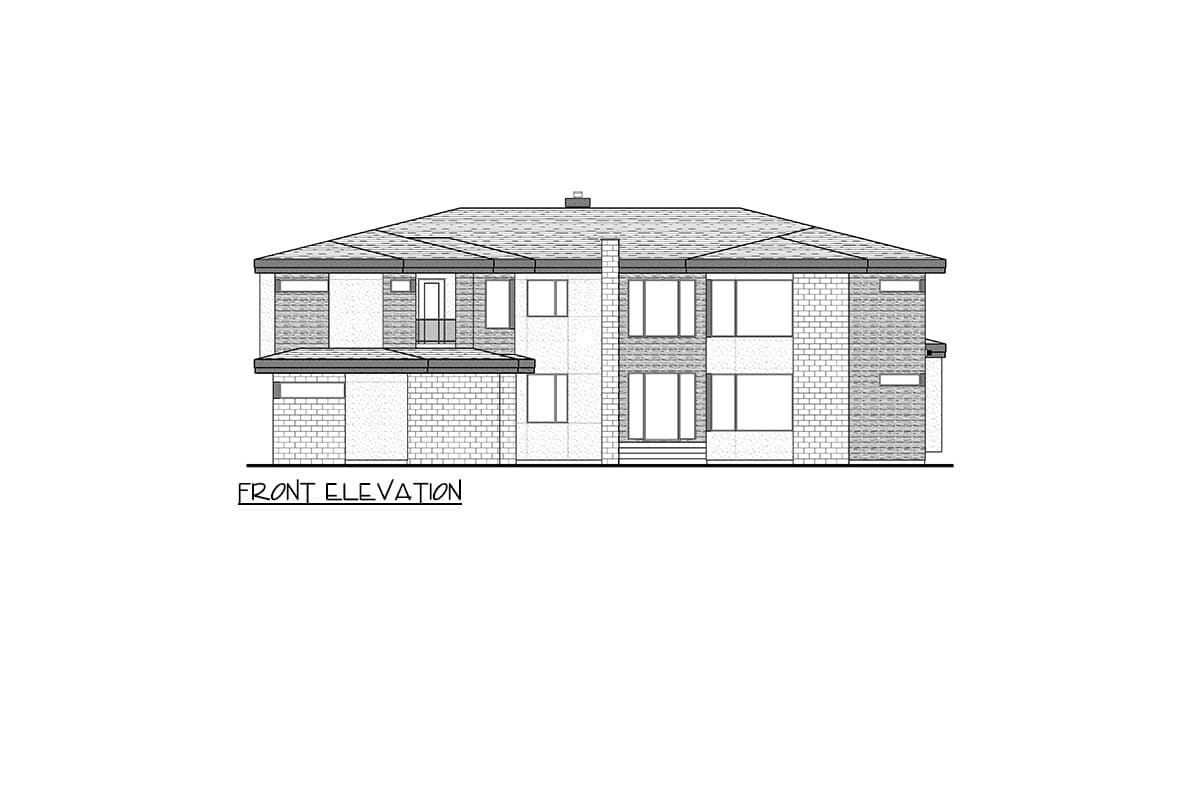 Front elevation drawing of a two-story house plan with a hip roof, brick veneer, and multiple windows.