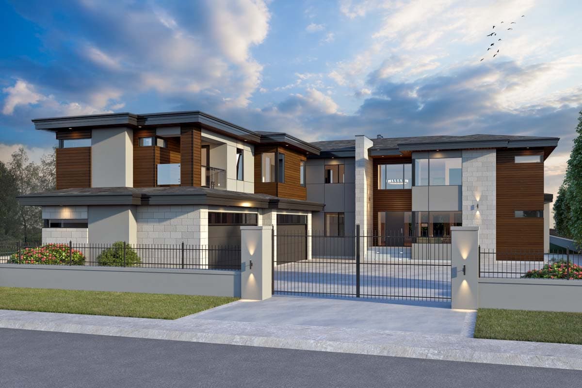 House plan exterior. Contemporary two-story home with flat roof, wood siding, and attached garage. Includes a gated entrance and stone accents.