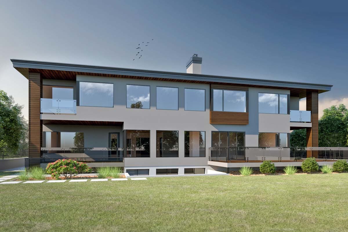Modern house plan exterior: two stories, flat roof, large windows, balconies, wood siding accents, and chimney.