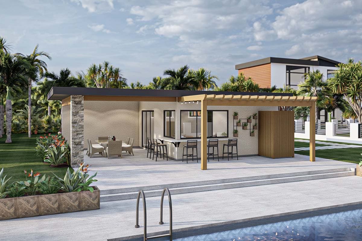 House plan exterior. Features a patio with a pergola, bar seating, and a pool. Includes outdoor dining and an adjacent structure.