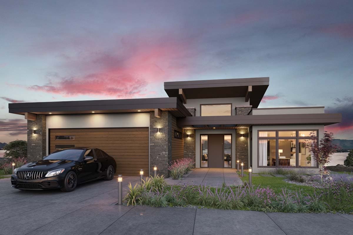 House plan exterior. Modern style with flat roof, stone accents, and a wood-paneled garage door. Includes a prominent entry and large windows.